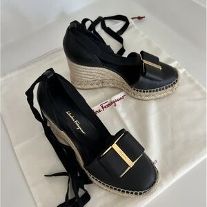Salvatore Ferragamo Black Espadrille Wedge Sandals Size 10